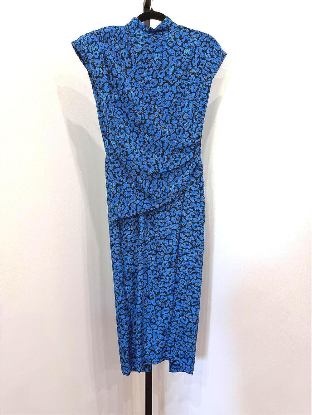 80s Dawn Joy Fashions Blue and Black Floral Midi Dress with Cap Sleeves